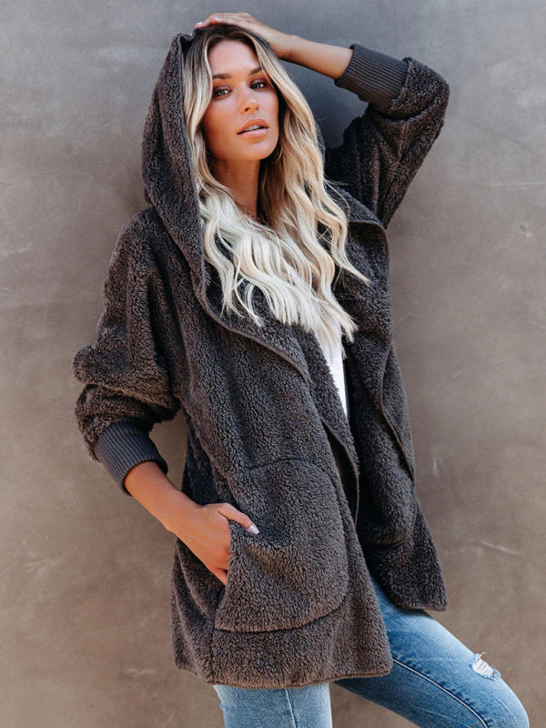 Women’s Open Front Sherpa Hoodie With Side Pockets